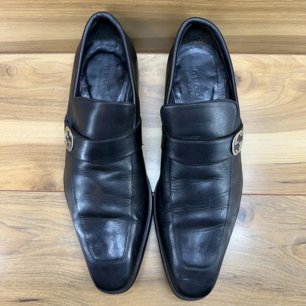 GUCCI Broadwick GG Medallion Mens 10.5 D Black Leather Square Toe Dress Formal